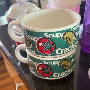 Vintage Soup and Crackers Ceramic Mugs - Green and White